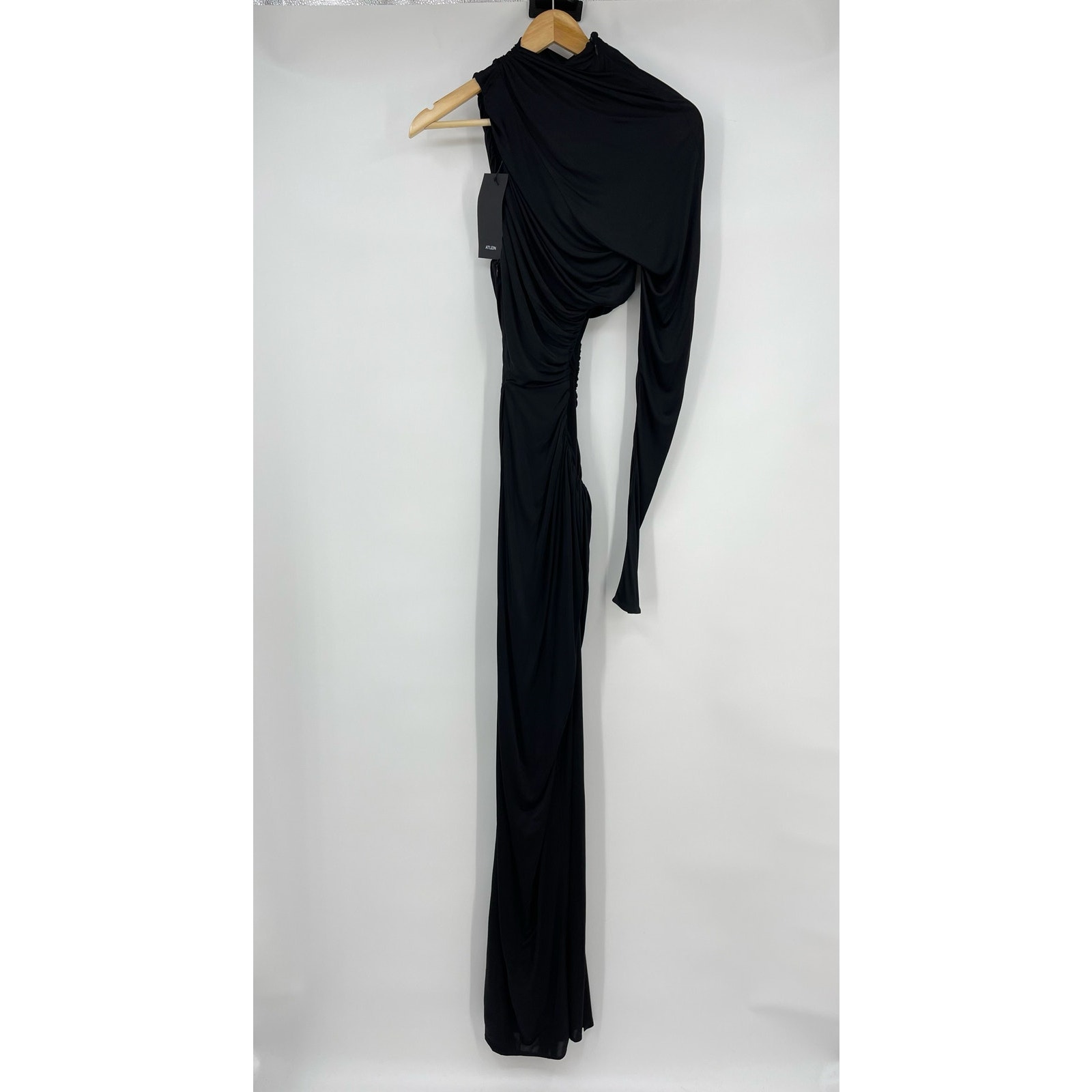 Atlein | Nwt One Sleeve Asymmetric Cut Out Ruched Jersey Gown Black Fr34 Xs — image 4 of 8